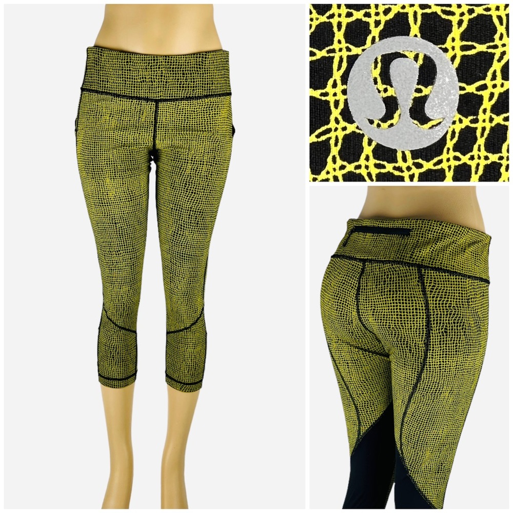 Lululemon Womens 10 Pace Rival Crop 22” Leggings Nylon Stretch Black Yellow EUC